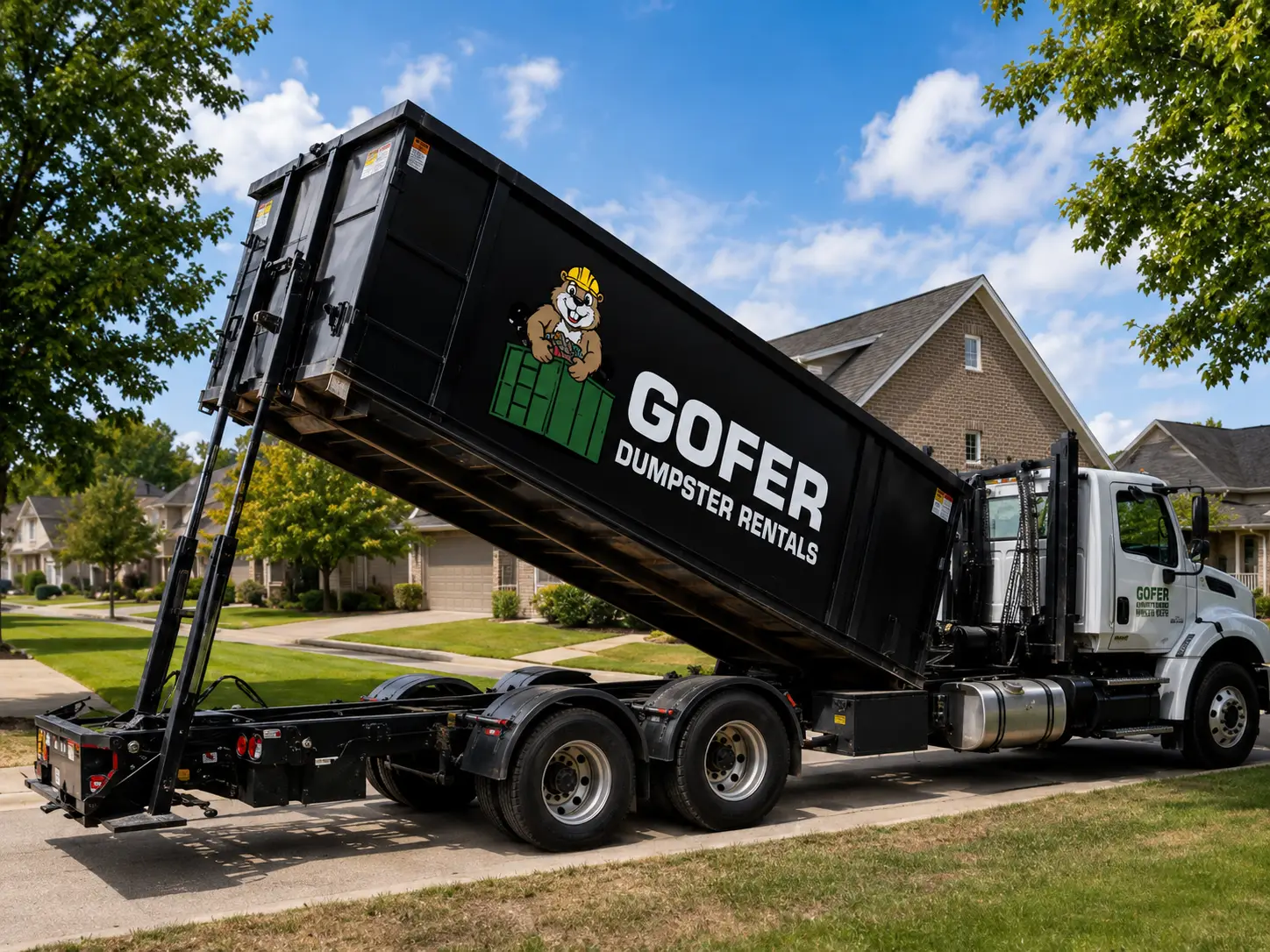 A Gofer truck delivers a dumpster to a residence.